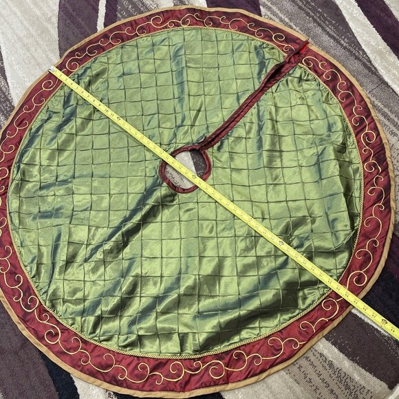 Burgundy Maroon Olive Green Gold Silk Accent Christmas Tree Skirt Approx 45” - Picture 8 of 9
